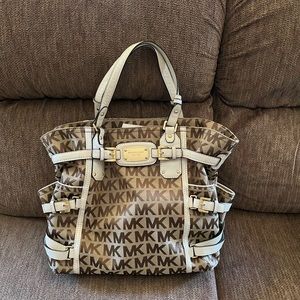 Michael Kors Tan/Cream Canvas Tote w/Leather Trim….Excellent Condition!!!!